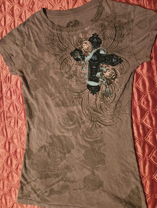 Tops - emo grey and pink cross top